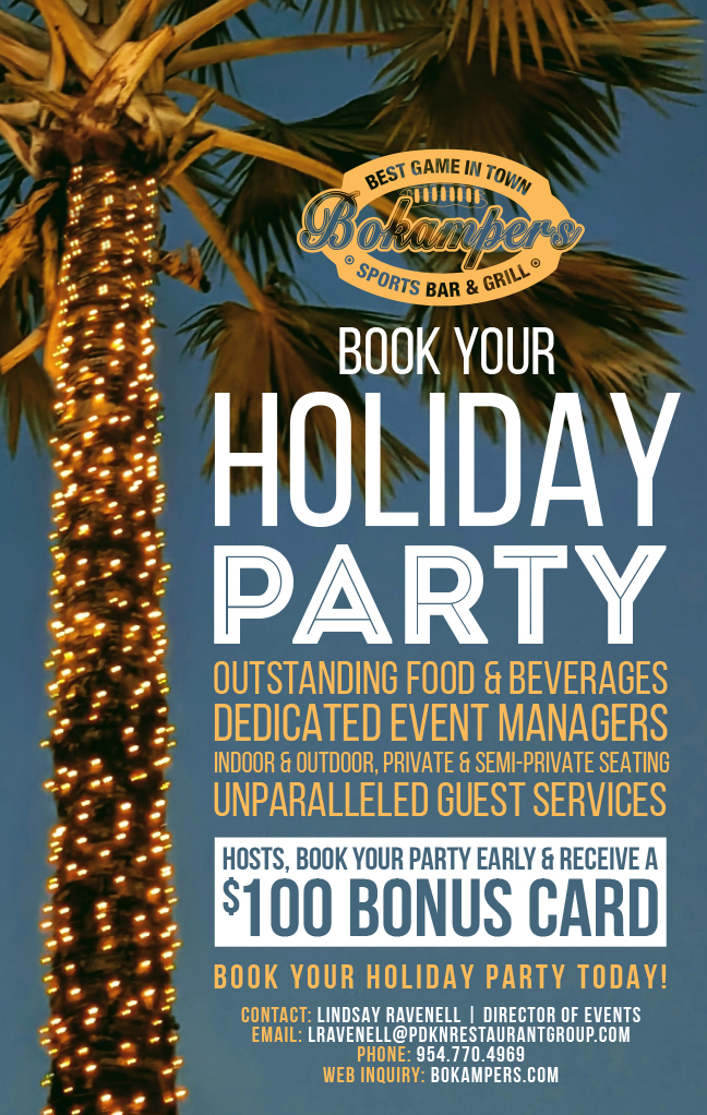 Promotional graphic for Bokamper's Holiday Parties featuring a palm tree wrapped in holiday lights, information about private holiday events with dedicated event managers, indoor and outdoor private and semi-private seating, outstanding food and beverages, and a limited-time offer for hosts to book early and receive a $100 Bonus Card.