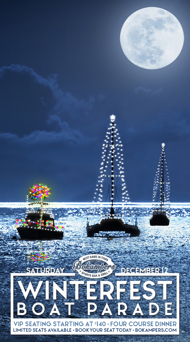 Promotional graphic for Bokamper’s Sports Bar & Grill’s Winterfest Boat Parade on Saturday, December 12, 2026. The image features illuminated boats decorated with festive holiday lights sailing across sparkling blue water beneath a large full moon and a dark blue evening sky. Event details include VIP seating starting at $140 per person, a four-course dinner, and limited seating availability. Guests are encouraged to book their seats today at Bokampers.com.